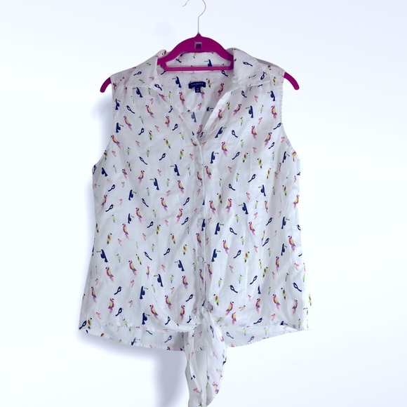 Talbots | Linen Tie Front Tropical Birds Blouse - Picture 2 of 4